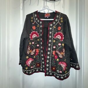 Johnny Was Gray Floral Star Butterfly Embroidered Cardigan Sweater Size Large